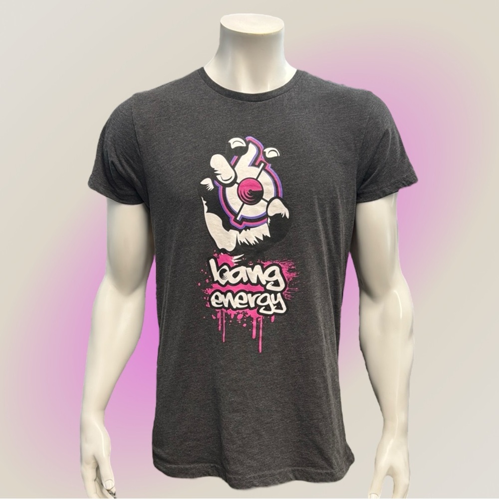Bang Energy Drink Fuel Your Destiny Gray White Pink Purple Graphic T-Shirt MD